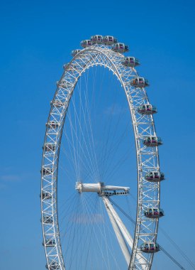 Londra Gözü 'nün soyut minimalist görüntüsü, Avrupa' nın açık mavi gökyüzü arka planına sahip en uzun dönme dolap. Şehir fotoğrafçılığı Londra