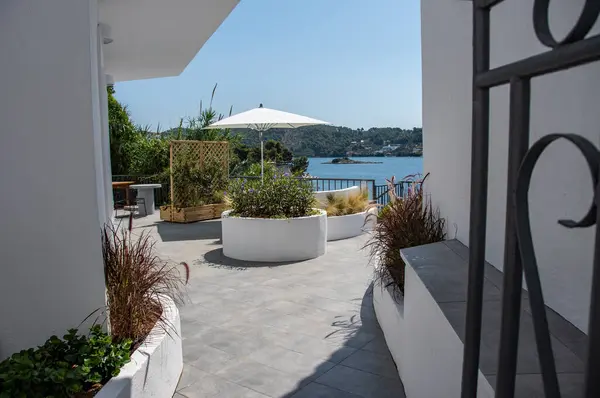 A view through a gate to a sunny Mediterranean terrace. A typical holiday villa entrance with a sun umbrella and sea view. White panted walls and planters with designer grasses and shrubs. copy space.