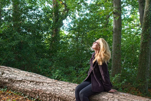 A woman dressed in natural colors looks up at the canopy of tree's above her. She looks relaxed and natural as she takes in the beautiful autumnal fall woodland. Middle aged with blonde hair.