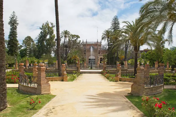 Sevilla, İspanya. 8 Haziran 2022. İspanya, Seville 'deki çeşme ve halka açık park. Kırmızı çiçekler ışık ve güzelliklerle dolu açık bir parka doğru yol alır. Resmin ortasında bir çeşme yükselir.. 