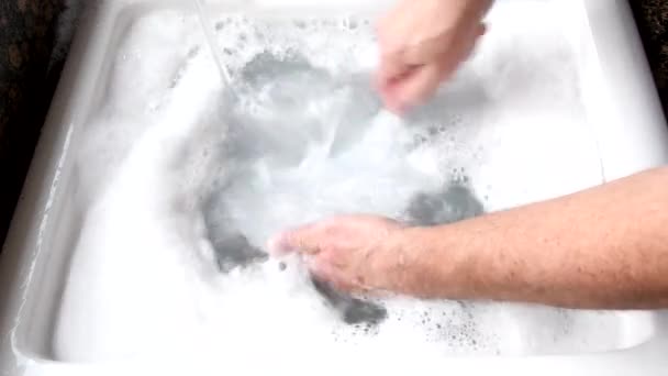 Миття Посуду Руки Чоловіка Видно Коли Він Миє Тарілку Білій — стокове відео