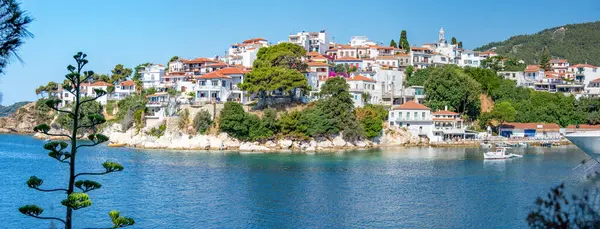 stock image Skiathos town looking at historic Plakes. Part of the Sporades islands. Greek holiday and vacation picture.