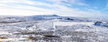 Dartmoor view taken from Haytor rock on Dartmoor on a snowy winters day. Panoramic picture showing the granite moorland taken in the Dartmoor National park in Devon. clipart