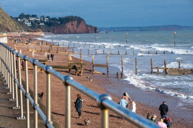 Teignmouth, Devon, İngiltere. 09-15-24. Kıyı aşınması ve iklim değişikliği görüntüsü. Kıyı kayması ve kıyı aşınmasını önlemek için kullanılan ahşap plaj oyukları..