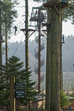 Warminster, Wiltshire, uk. 01-23-25. Centre parcs Aerial tree trekking and zip line image. Aerial adventure and thrills. Holiday and short break family fun. clipart