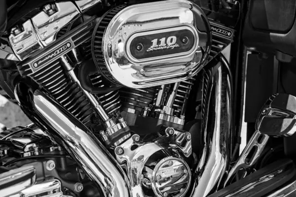 Dinan, Fransa. 06-02-25. Harley Davidson motosiklet motoru yakın çekim. Siyah ve Beyaz. 