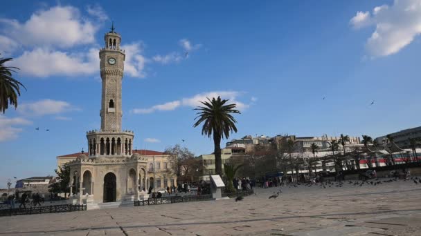 Turkey Izmir February 2023 Mansion Square Clock Tower Slow Motion — Stock Video