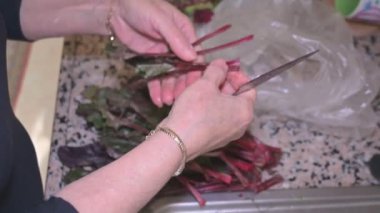 Young woman cutting vegetables in the kitchen. Slow motion.