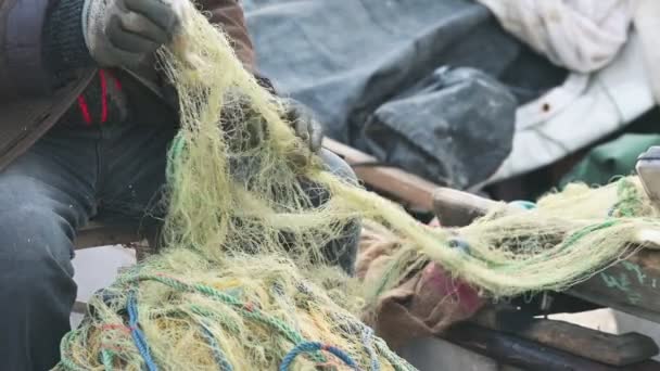 Ψαράς Παίρνει Ψάρια Από Δίχτυ — Αρχείο Βίντεο