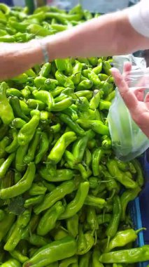  Marketten yeşil biber alan bir kadın aşçı.