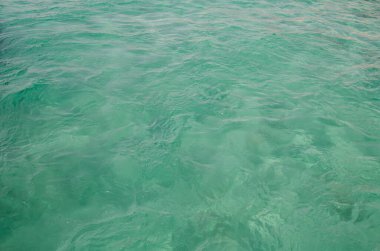 Yeşil arka plan olarak deniz suyu yüzeyi. Su berrak değil, parıltıyı görebilirsin..