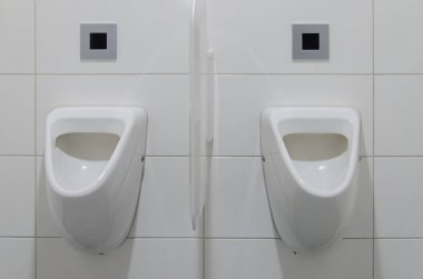 İdeal Standart Eurovit model numarası V553801 ve K5539 olan iki beyaz pisuvar bir duvara monte edilmiştir. Pisuarlarda yeni bir vakum var..