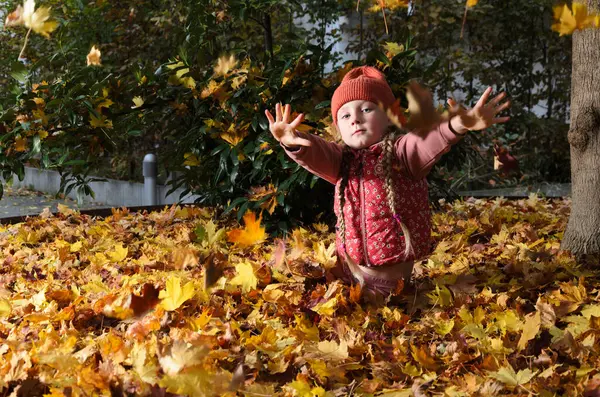 Altı yaşında ve iki sarı örgülü saçı var. Onun kafasında bir kep var. Bir çocuk dökülen yaprakların üzerinde oturuyor..