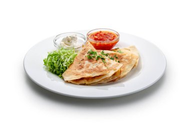 chicken quesadilla with salad and dressings clipart