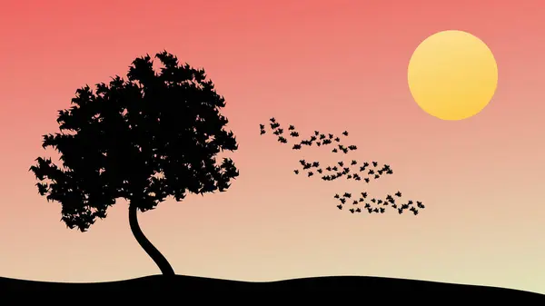 Sunset landscape with a tree and scattered leaves