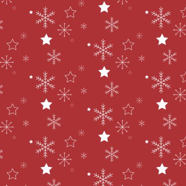 Kırmızı ve beyaz Noel deseni, kar taneleri ve yıldızlar