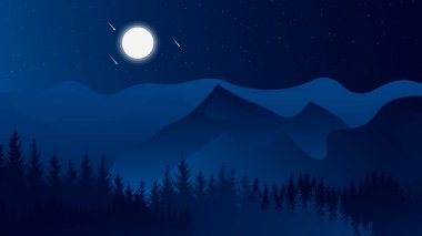 Gece gökyüzü dağlarla, ağaçlarla ve ayla kaplı.