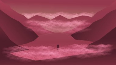 Kızıl dağlar sisle kaplı.