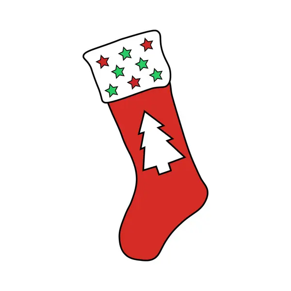 Noel ağaçları ve yıldızlı kırmızı Noel çorabı, vektör tasarımı