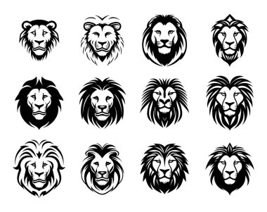 Aslan başlı maskotun yüz logosu siluet siyah simge tasarımı