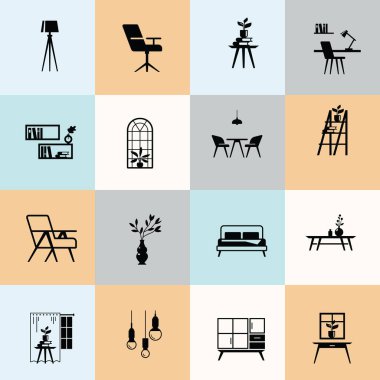Mobilya simgesi rengarenk bir düzende ayarlandı. Sandalyeler, masalar, yataklar, lambalar, raflar, bitkiler ve dekoratif öğeler gibi ev mobilyalarının minimalist siyah siluetlerini içerir. İdeal
