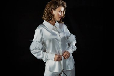 KYIV, UKRAINE - FEBRUARY 04, 2022: A Model posing backstage LALLIER show - Ukrainian Fashion Week Fall Winter 2022-2023