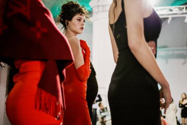 KYIV, UKRAINE - FEBRUARY 04, 2022: Models backstage LALLIER show - Ukrainian Fashion Week Fall Winter 2022-2023