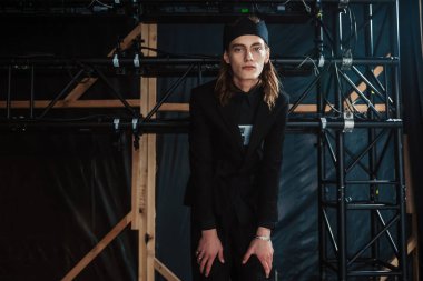 KYIV, UKRAINE - FEBRUARY 03, 2022: A model posing backstage VIKTORANISIMOV show - Ukrainian Fashion Week Fall Winter 2022-2023