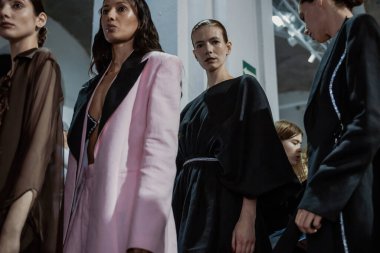 KYIV, UKRAINE - FEBRUARY 04, 2022: Models Backstage GASANOVA show - Ukrainian Fashion Week Fall Winter 2022-2023