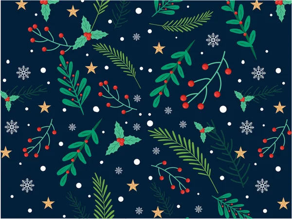 Kusursuz Noel şablonu. Noel ağacında kutsal meyveler, kar taneleri, böğürtlenler ve meyveler