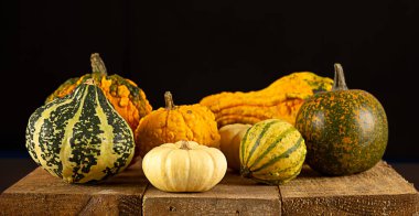 Sonbaharın canlı özünde, zengin bir çeşit yontulmuş ve dekoratif balkabağı. Tahta bir masaya yerleştirilmiş, cömert bir hasatın sembolü. Cadılar Bayramı kutlaması ya da Şükran Günü konsepti