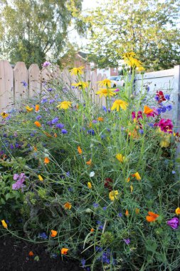 Yol kenarına yeni dikilmiş renkli çiçekler, çit sokak tabelası ve arka planda kaldırım.