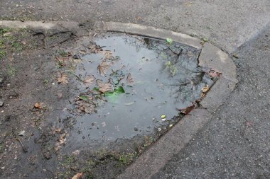 Kaldırımın kenarından çekilen su birikintisi, bulutlu bir kış gününde çekilen fotoğraf.