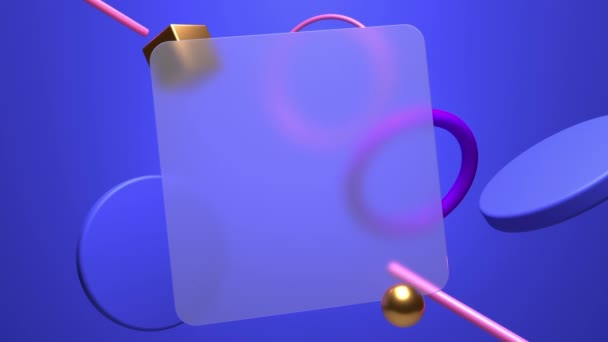 Geometrické Tvary Skleněným Čtvercem Zaoblené Uprostřed Modrém Pozadí Zamrzlé Sklo — Stock video