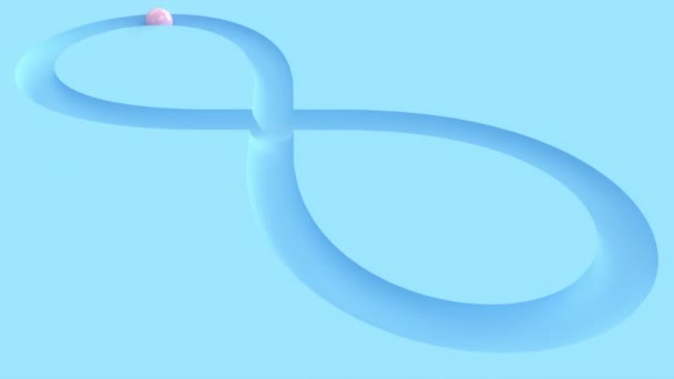 3D粉色光滑的球沿着天蓝色无限的路径滚动 简约的风格和柔和的色彩 游戏板上无穷无尽的回圈形状 创意或超现实主义的概念 — 图库视频影像