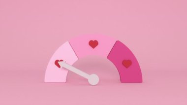 Pembe arka planda aşk göstergesi. Pembeden koyu pembeye beyaz ok hareketiyle ölçülen bir aşk ölçeği. Sevgi göstergesi olan kırmızı kalpler. Sevgi ve renk ölçeği. Sevgililer Günü ve Anneler Günü konsepti.