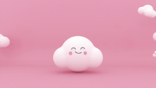 一个可爱的3D白云在中心 笑脸跳跃 漂亮的白云出现并消失在粉红的背景 粉色的天空布满了云彩 简约风格的概念 — 图库视频影像