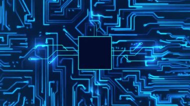 Hareket eden elektronları ve boş uzay karesi olan devre levhası. Ana kartta veri akışı. Parlak devre kartları ve elektronik bileşenler. Dijital iletişim, bulut hesaplama, işleme kavramı.