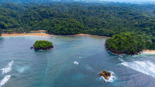 Kondang Merak Sahili 'nden Doğu Java, Endonezya' da bulunan koyu mavi deniz suyuyla Tropikal Orman Hava Görüntüsü