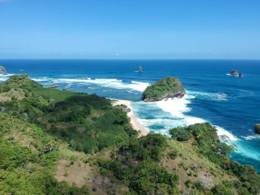 Ungapan Sahili Doğu Java, Endonezya, Tepeler ve mavi deniz manzaralı tropikal bitkilerdir..