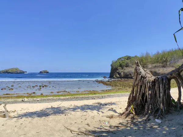 Doğu Java, Endonezya 'daki Peh Pulo Sahili, mavi denizi ve çok beyaz kumları ile.