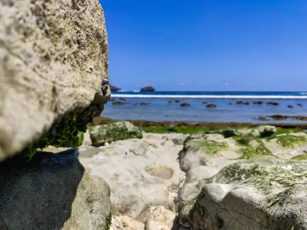 Mavi gökyüzü ile kıyı şeridinde kayalar.