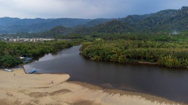Yeşil tropikal bitkilerle dolu bir göl ve kumlu bir sahil.