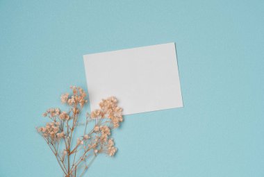 Turkuaz arka planda çiçekli boş kağıt listesi. Boşluğu kopyala