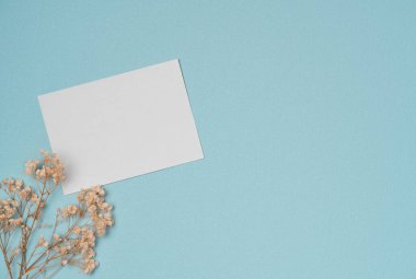 Turkuaz arka planda çiçekli boş kağıt listesi. Boşluğu kopyala
