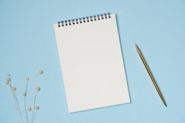 Yukarıdan mavi arkaplanı olan boş bir defter. Boşluğu kopyala