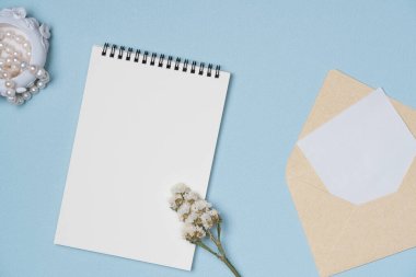 Üzerinde çiçek, inci olan boş bir defter, yukarıdan gelen mavi arka planda bir mektup. Boşluğu kopyala
