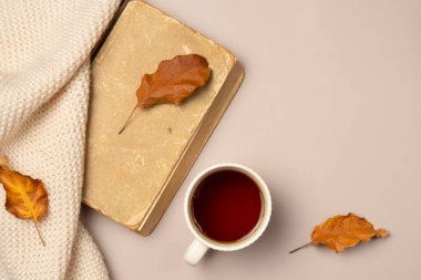Klasik kitap, atkı, yapraklar ve bej arka planda fincan çayı. Boş zaman konsepti, kitap okumak. Düz yatış, üst görünüm