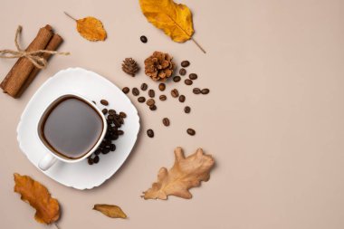 Bir fincan kahve, kahve çekirdekleri, koniler, yapraklar ve bej arka planda tarçın çubukları. Sonbahar kompozisyonu. Uzayı kopyala Düz yatış, üst görünüm