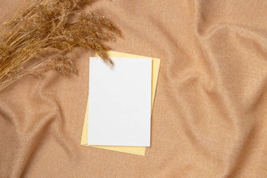 Üstünde kurumuş dikenli çimen olan kağıt boş bir sayfa. Düz yatış, üst görünüm.